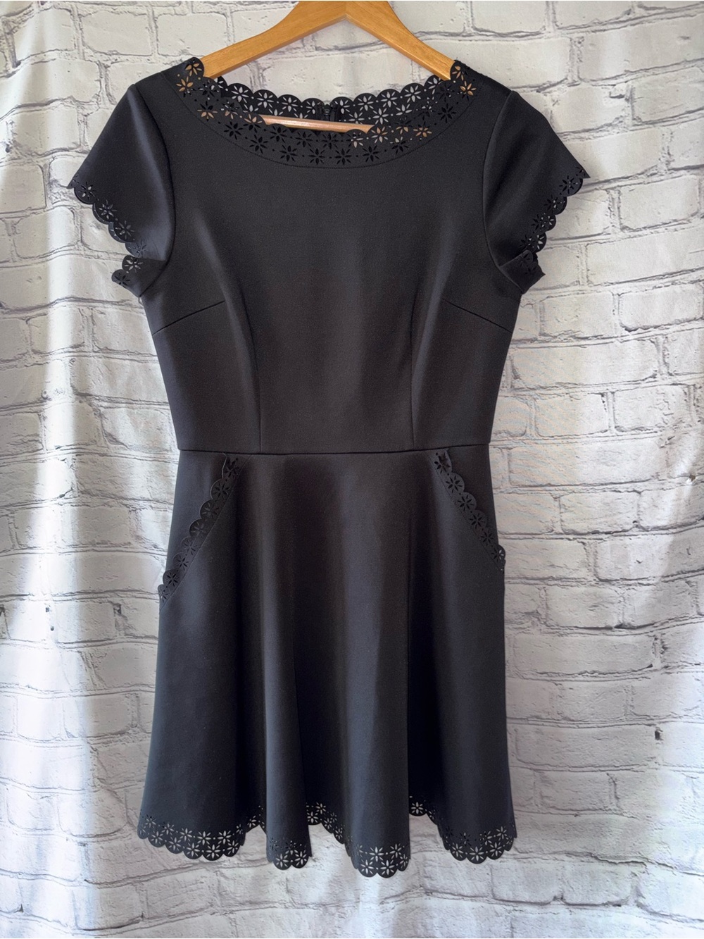Susana Monaco Black Eyelet Fit Flare Dress Laser-Cut Floral Trim Cocktail Career
